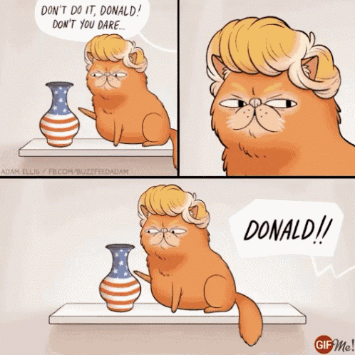 a cartoon of a cat dressed as donald trump talking to a vase on a shelf