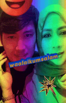 a man and a woman are posing for a picture with a sticker that says waalaikumsalam