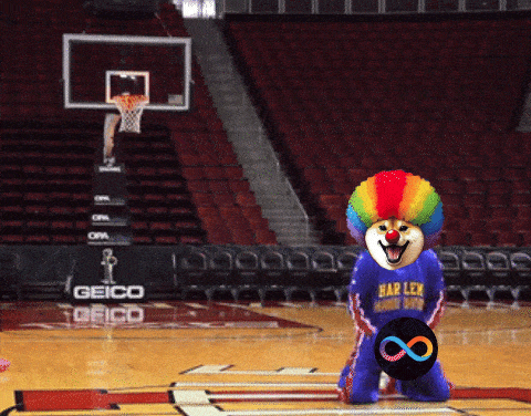 a clown on a basketball court wearing a blue shirt that says bar len