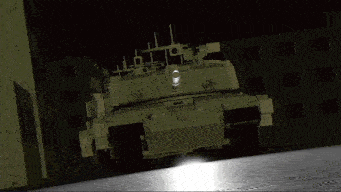 a computer generated image of a military tank driving through a dark city