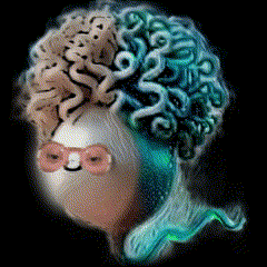 a cartoon drawing of a woman with a beard and glasses