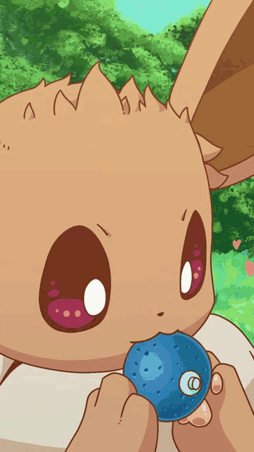 a cartoon eevee is eating a blue donut with a circle in the middle