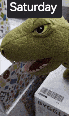 a stuffed dinosaur is sitting on top of a box that says byggle