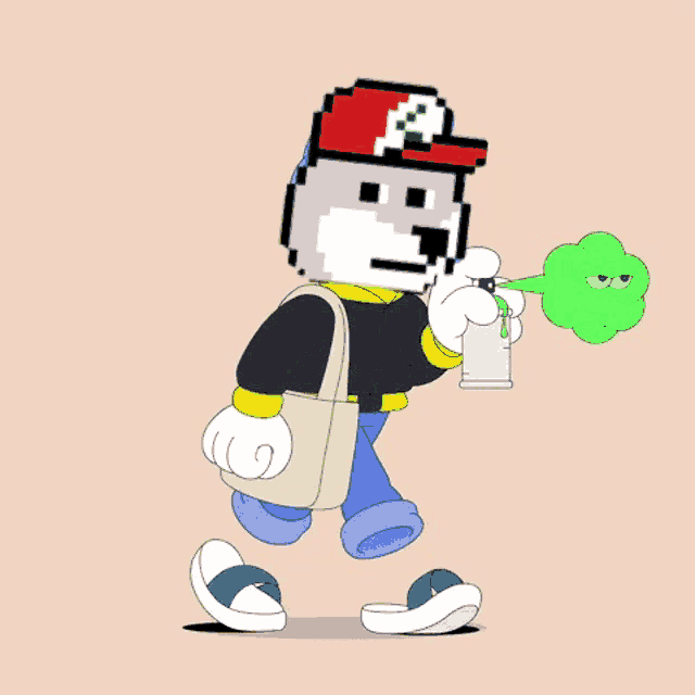 a cartoon character is walking and holding a spray can