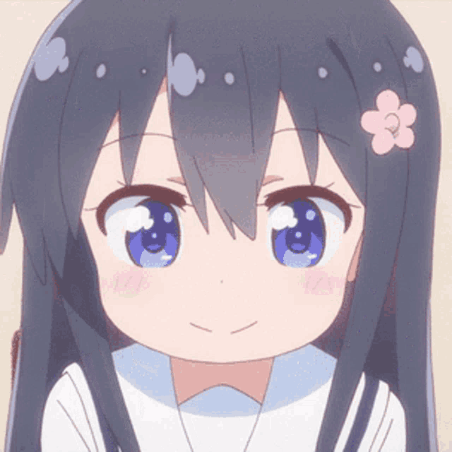 a close up of a girl with long black hair and a flower in her hair