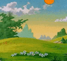 a cartoon landscape with a balloon flying in the sky over a grassy field .