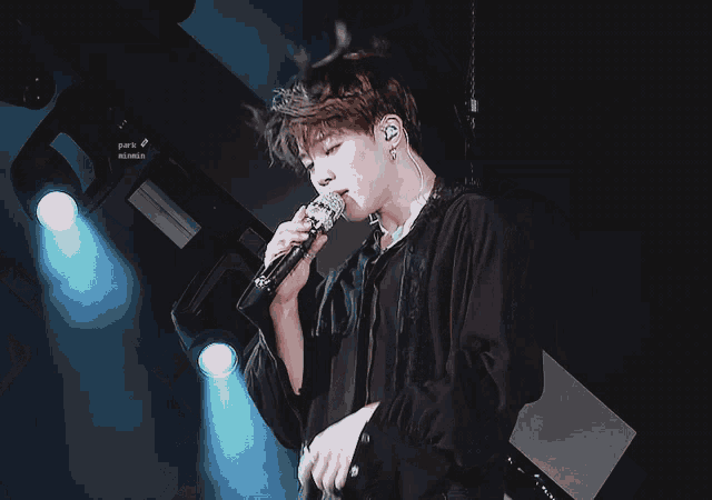 a close up of a person singing into a microphone with the word park at the top