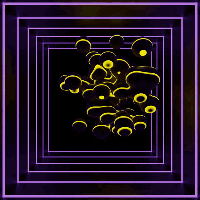 a bunch of yellow bubbles are floating in a purple box