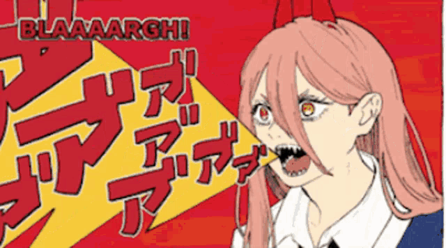 a cartoon drawing of a girl with pink hair screaming blaaargh