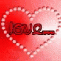 a red heart with the word love written inside of it surrounded by white dots .