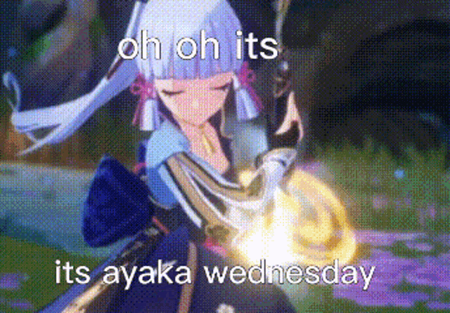 a screenshot of a video game character with a caption that says `` oh oh its ayaka wednesday '' .