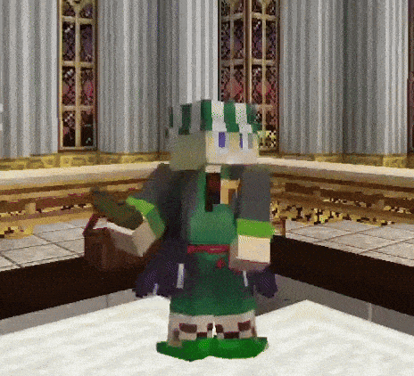 a minecraft character in a green and white outfit is standing in a room