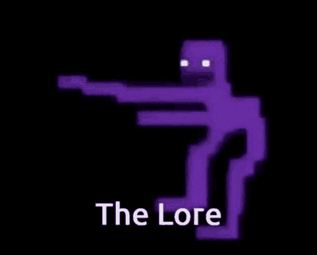 a pixel art of a purple man holding a gun with the words `` the lore '' written below him .