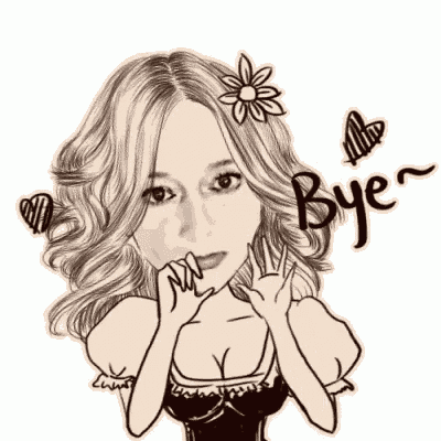 a black and white drawing of a woman with a flower in her hair and the word bye .