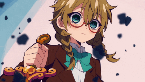 a girl with glasses and braids is holding a key