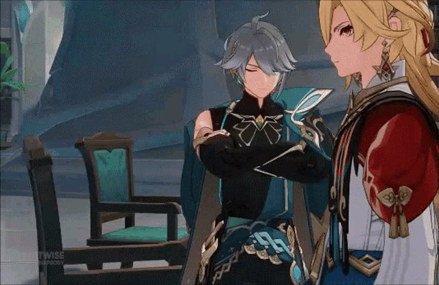 two anime characters are standing next to each other with their arms crossed in a room .