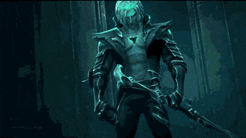a statue of a man is holding a sword in a dark cave .