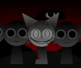 a group of cartoon characters are standing next to each other in a dark room and one of them is smiling .