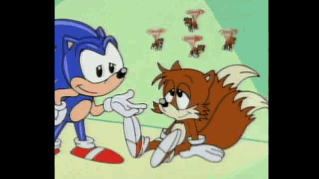 sonic the hedgehog and tails the squirrel are standing next to each other