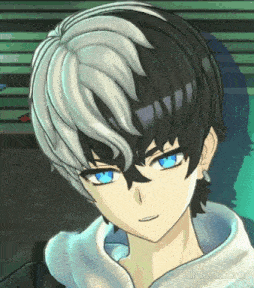 a boy with black and white hair and blue eyes is wearing a white sweater .