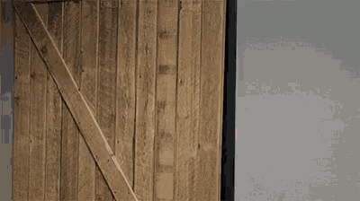 a bald man with glasses looks out of a wooden door