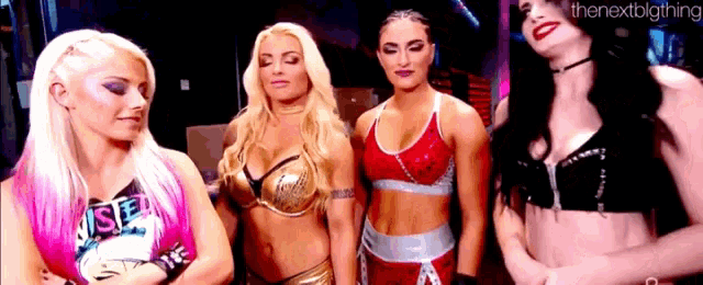 a group of female wrestlers are standing next to each other in a ring .