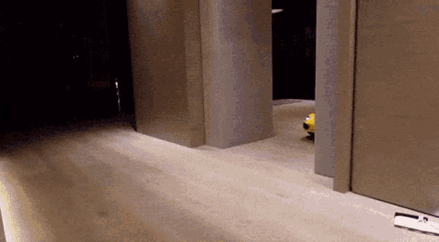 a yellow soccer ball is on the floor in a hallway between two pillars