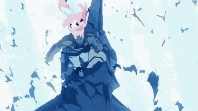 a cartoon drawing of a person with a pink head and a blue body
