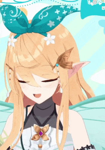a close up of a cartoon character with a bow on her head