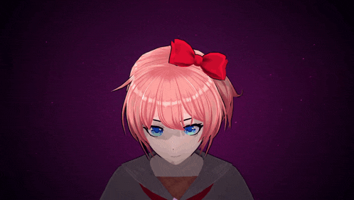 a girl with pink hair and a red bow in her hair