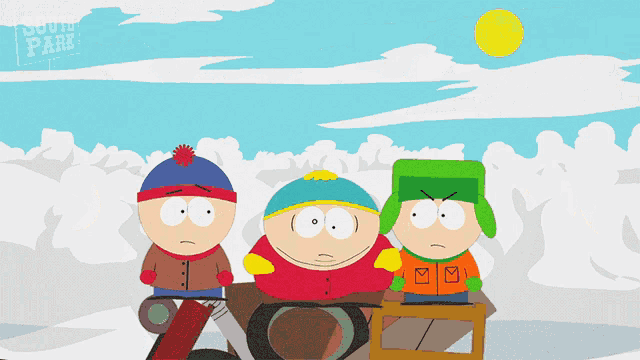 three south park characters sitting on a sled