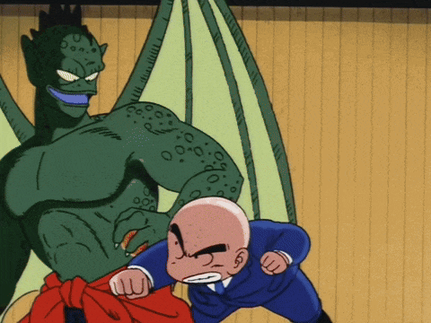 a cartoon of a bald man fighting a green monster with wings