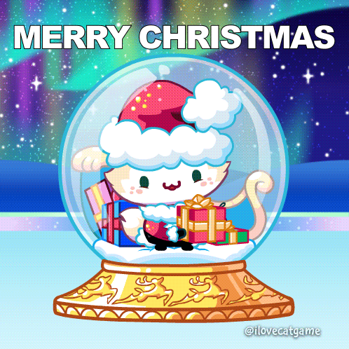 a snow globe with a cat inside and the words merry christmas