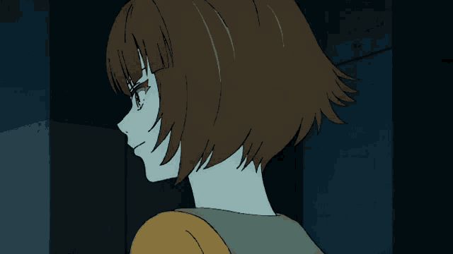 a girl with short brown hair and a blue face