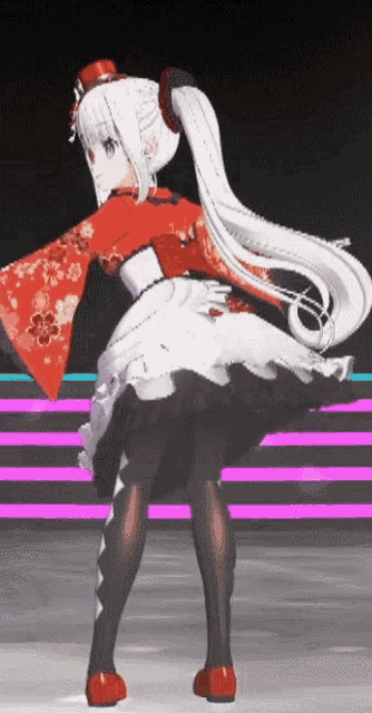 a girl with white hair is wearing a red kimono and black tights
