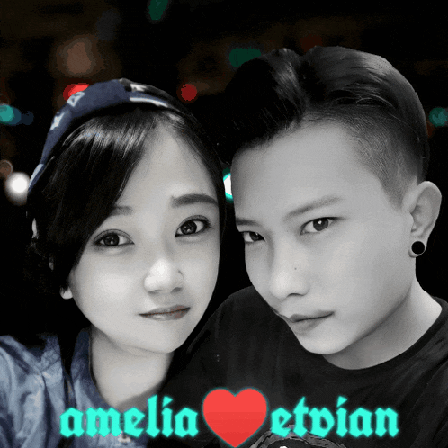 a black and white photo of a woman and a man with the name amelia and etvian