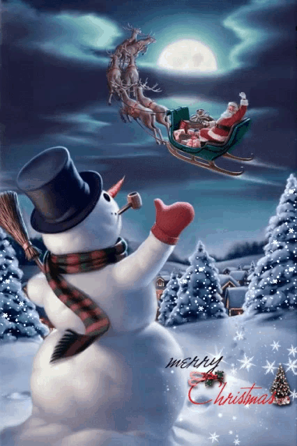 a merry christmas greeting card with a snowman in the foreground