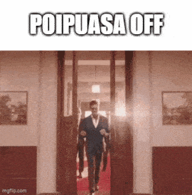 a man in a suit is walking through a doorway with the words " poipusa off " written above him