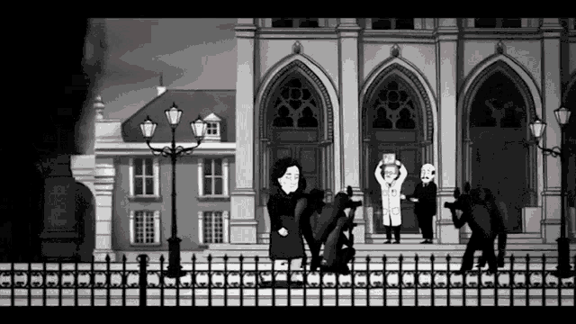 a black and white cartoon shows a group of people standing outside of a building