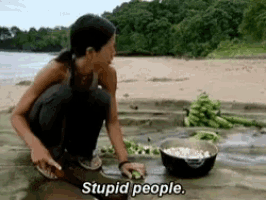 a woman is kneeling on a beach with a bowl of food and the words stupid people below her