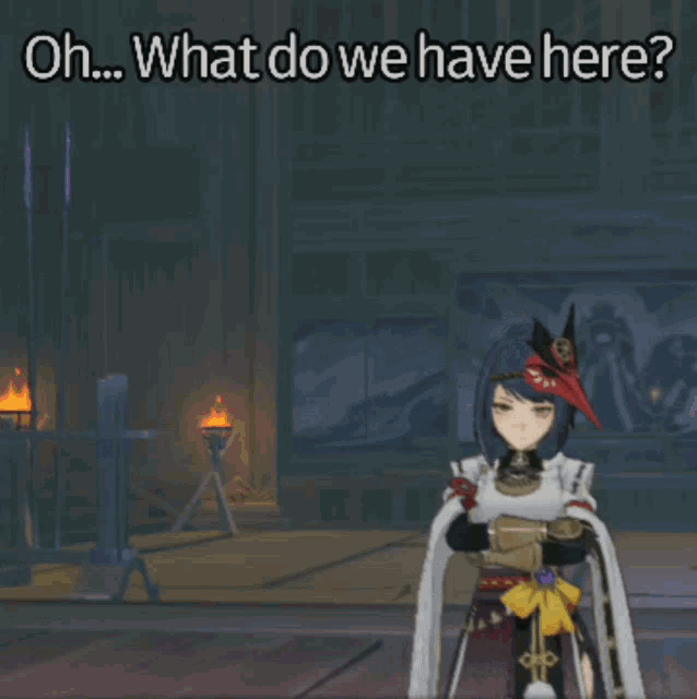 a screenshot of a video game character with the words oh what do we have here below her