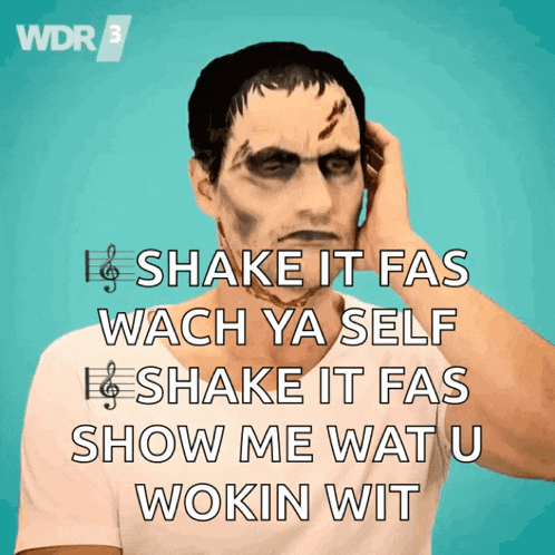 a picture of a man with music notes on his face and the words shake it fas