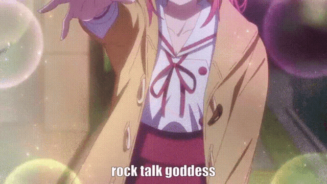 a girl in a school uniform with the words rock talk goddess written on the bottom