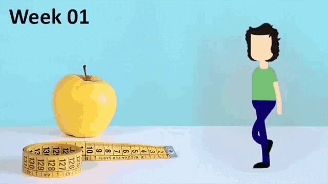 a cartoon of a man walking next to an apple and a measuring tape with the words week 01 on it