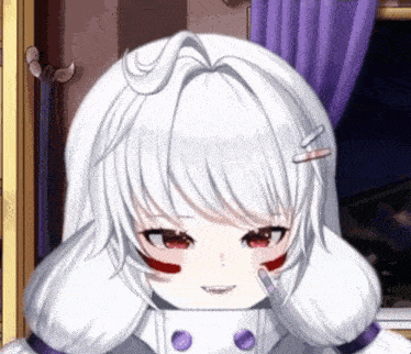a girl with white hair and red eyes is standing in front of a window and smiling .