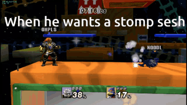 a screenshot of a video game with the words " when he wants a stomp sesn "