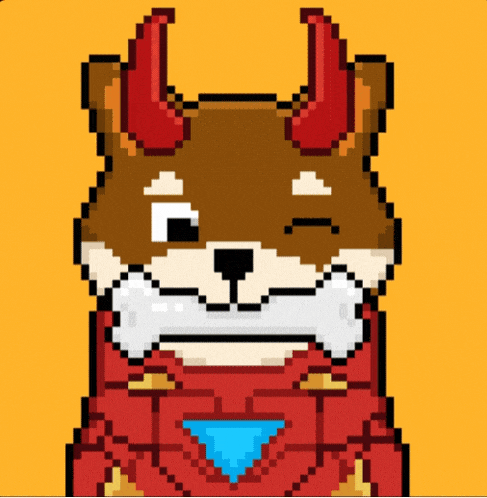 a pixel art drawing of a dog with horns and a diamond in its mouth