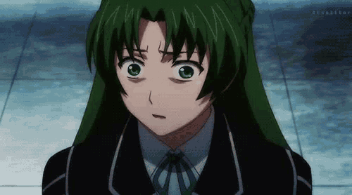 a girl with green hair is wearing a black jacket and tie