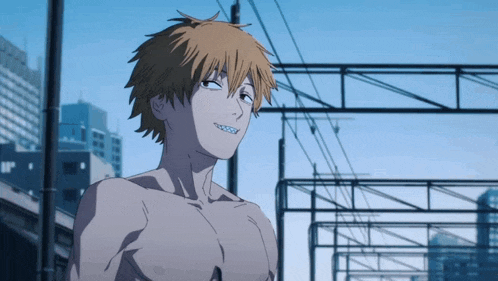 a shirtless anime character stands in front of a city skyline