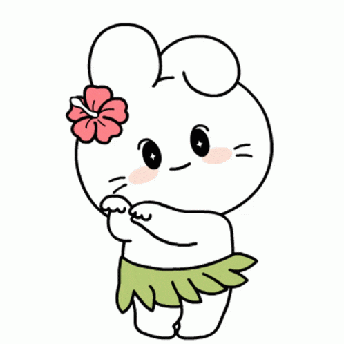 a cartoon of a bunny wearing a hula skirt and a flower on its head .